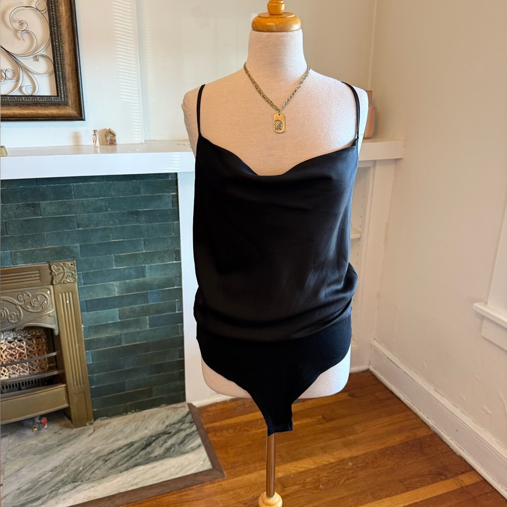 ✨ She + Sky Black Satin Cowl Neck Bodysuit – Size M